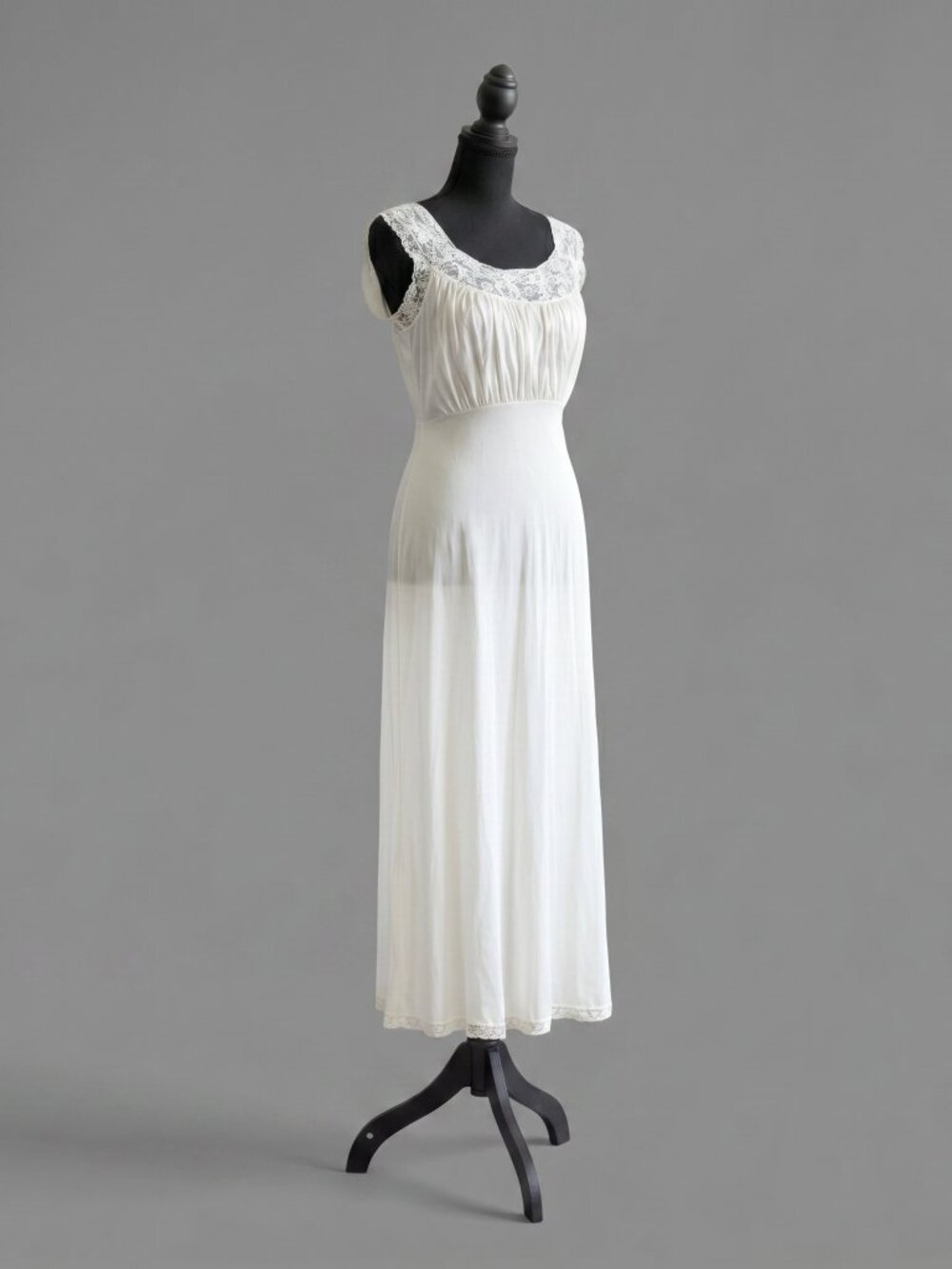 Vintage Radcliffe White Nylon Nightgown Lace Trim Empire Waist Size Small